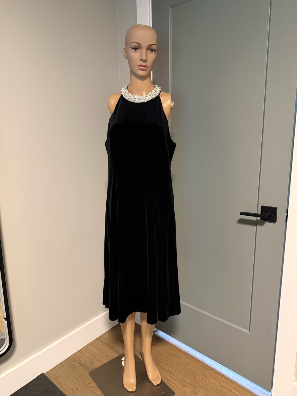 Adrianna Papell Black Velvet Midi Dress with Pearl Neckline